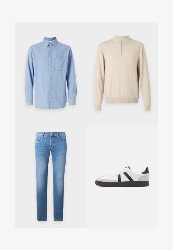 Suéter beige de manga larga con cuello tipo polo y cierre de cremallera. Hecho de material suave con puños y dobladillo acanalados.; Camisa de mezclilla azul claro con cuello abotonado, mangas largas y un bolsillo en el pecho. Presenta acentos de botones marrones y costuras en contraste.; Vaqueros de mezclilla azul claro con corte recto, que cuentan con un cierre de botón y cremallera, cinco bolsillos y un desgaste sutil.; Zapatilla blanca con acentos en negro y gris, que presenta una puntera texturizada en gris, suela de goma negra y cordones planos blancos. Diseño limpio, estilo minimalista.
