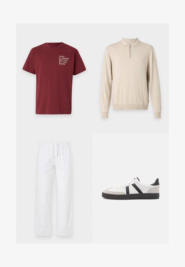 Beige langarm pullover met een kraag en ritsluiting. Gemaakt van zacht materiaal met geribbelde boorden en onderkant.; Bordeaux katoenen t-shirt met ronde hals, korte mouwen en witte tekst: "I shall be released New York, NY - July Replay" op de borst.; Witte, lichte katoenbroek met een elastische tailleband en trekband; heeft wijde pijpen en een glad, niet-geweven oppervlak.; Witte sneaker met zwarte en grijze accenten, voorzien van een grijze neus met textuur, zwarte rubberen zool en platte witte veters. Schoon ontwerp, minimalistische stijl.