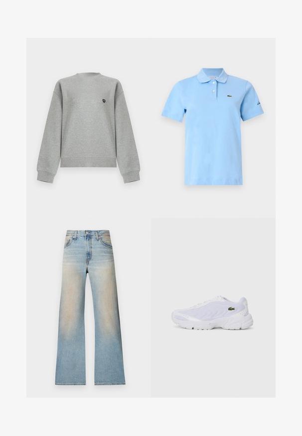 Lysegrå sweatshirt med rund hals og lange ærmer, med ribbede manchetter og kant, med et lille sort hjerteformet logo på venstre bryst.; Lyseblå kortærmet polo med to hvide knapper, en blød krave og et lille grønt krokodillelogo på venstre bryst.; Lysblå cowboybukser med høj talje og vide ben, forsidens knapper og lynlås samt falmede områder på lår og hofter.; Hvide atletiske sko med mesh-overdel, tekstureret design og polstret krave. Har grønt logo på siden og polstret sål for komfort.