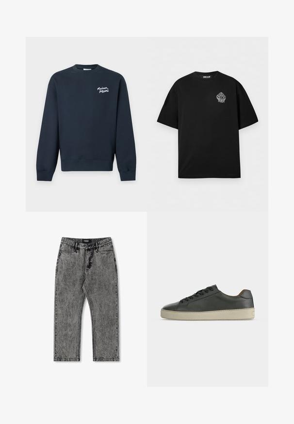 Sudadera de cuello redondo azul azul marino oscuro con mangas largas y "Maison Kitsuné" impreso en blanco en el pecho izquierdo.; Camiseta negra de manga corta con cuello redondo, con un pequeño emblema gris ornamentado en el pecho izquierdo y etiqueta "Just Cavalli" en el interior del cuello.; Jeans de mezclilla gris con un acabado desgastado, diseño de pierna recta y estilo de cinco bolsillos. Presenta una etiqueta con "FORMER" en la cinturilla.; Zapatilla baja de cuero negro con cordones negros y suela de goma color marfil, vista desde el lateral externo sobre un fondo blanco.