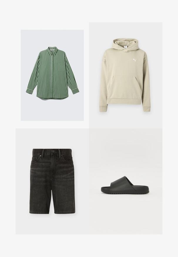 Beige Kapuzenpullover mit langen Ärmeln, Fronttasche und kleinem weißem Puma-Logo auf der Brust.; Herren-Hemd mit langen Ärmeln, Knopfleiste, vertikalen grünen, weißen und braunen Streifen, einer Brusttasche und einem Button-Down-Kragen.; Schwarze Denim-Shorts mit vorderem Knopf und Reißverschluss, Gürtelschlaufen und Vordertaschen, vor einem einfarbigen hellen Hintergrund präsentiert.; Schwarze Rutschsandale mit glatter, matter Oberfläche, offenem Zehenbereich und strukturiertem Sohlenbereich mit horizontalen Rillen für besseren Halt.