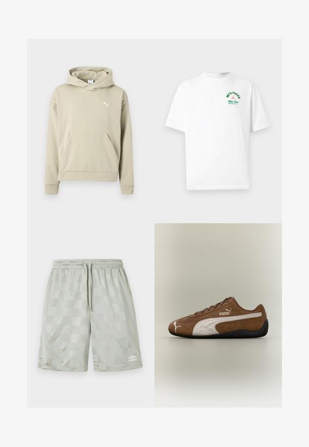 Sweat-shirt à capuche beige avec manches longues, poche avant et petit logo Puma blanc sur la poitrine.; T-shirt blanc à manches courtes avec un petit texte vert et rouge sur la poitrine gauche indiquant « MJ'S PIZZA DEPUIS 1984 OUVERT 23/7 » avec un logo rouge.; Umbro FOOTBALL SHORT - Pantalon de survêtement - harbor mist; Baskets en daim marron avec des accents blancs et un design texturé. Elles disposent d'une semelle en caoutchouc noire et d'un logo Puma proéminent sur le côté.