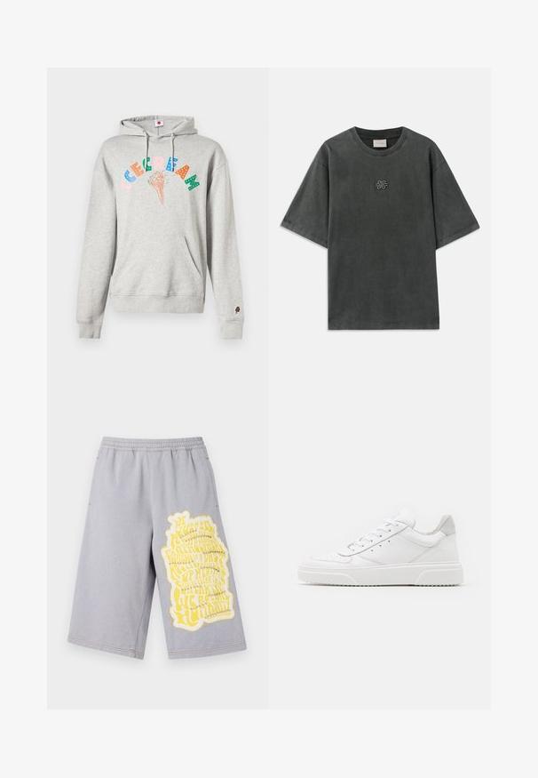 Grauer Hoodie mit einer Fronttasche und einer Kapuze mit Kordelzug. Mit buntem "EISCREME"-Grafik und einem kleinen Eistütchen-Akzent am Ärmel.; Dunkelgraues oversized T-Shirt mit kurzen Ärmeln, Rundhalsausschnitt und kleinem bestickten Knotendesign mittig auf der Brust.; Graue Baumwollshorts mit einem elastischen Bund, versehen mit einem großen gelben Grafikdruck und ausgefransten Kanten am linken Bein.; Weiße Leder-Sneaker mit glatter Oberfläche, rundem Zehenbereich, flachen Schnürsenkeln und strukturiertem Schuhsohlen. Graues Wildleder-Detail an der Ferse.