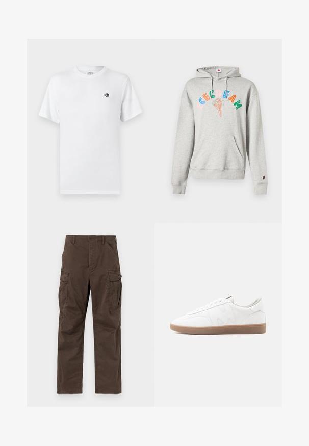 Sweat à capuche gris avec une poche frontale et un cordon de serrage. Présente un graphisme coloré "GLACE" et un petit accent en forme de cône de glace sur la manche.; T-shirt blanc uni à manches courtes et col rond avec un petit logo brodé noir et blanc sur le côté gauche de la poitrine.; Pantalon cargo marron à jambes droites avec poches à rabat latérales, poches avant inclinées, passants pour ceinture et fermeture par bouton.; Baskets basses blanches avec semelle en caoutchouc gomme, superpositions cousues et fermeture à lacets sur fond neutre.