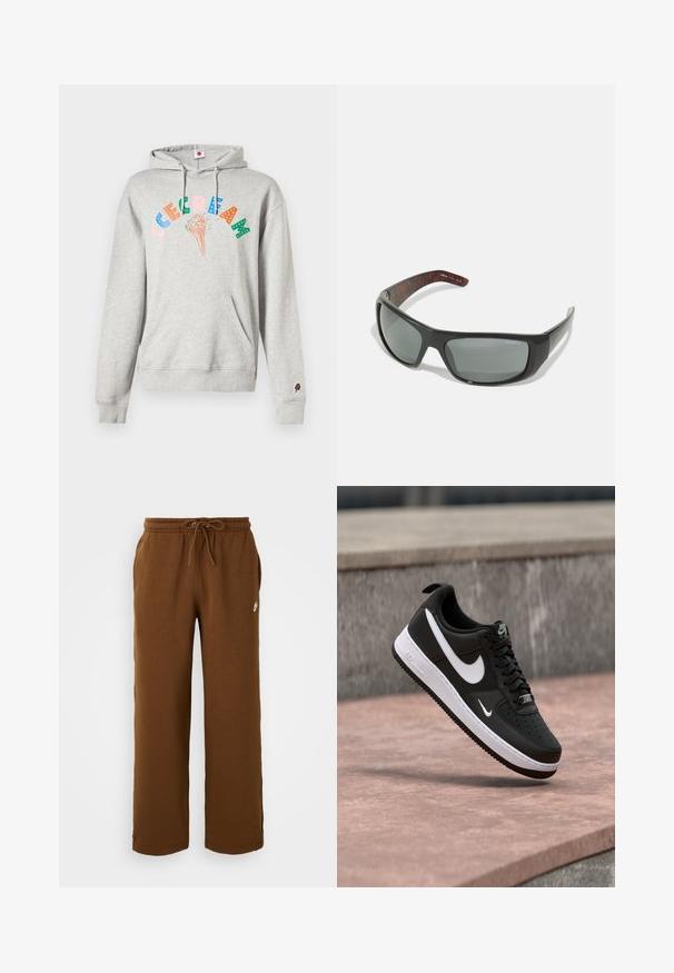 Sudadera gris con un bolsillo frontal y capucha con cordones. Cuenta con un gráfico colorido de "HELADO" y un pequeño acento de cono de helado en la manga.; Pantalones de chándal marrones hechos de tela suave, con una cintura elástica y cordón, bolsillos laterales y un logo blanco en el lado izquierdo.; Zapatilla Nike Air Force 1 en blanco y negro suspendida sobre una superficie de concreto rosa con un fondo de piedra gris.; Arnette HOT SHOT - Gafas de sol - dark grey