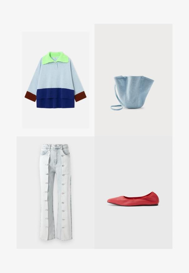 Gebreide trui met lange mouwen, lichtblauw bovenstuk, donkerblauwe onderkant, bruine mouwboorden en een brede, felgroene kraag met knoopsluiting.; Lichtblauwe denim jeans met zilveren knoopaccenten, met een wijd uitlopende pasvorm en zijpanelen. De stof heeft een gestructureerde afwerking.; Filippa K REY FLATS - Ballerina's - bright red; Lichtblauwe stoffen emmerentas met lange band, brede bovenopening en gestikte verticale naden, afgebeeld tegen een effen witte achtergrond.