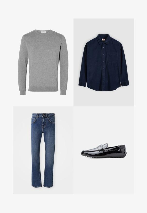 Jersey de color gris claro con cuello redondo, mangas largas y puños y bajo acanalados, hecho de tejido de punto suave.; Camisa de manga larga color azul oscuro con botones, cuello y bolsillo en el pecho, extendida sobre un fondo gris claro.; Jeans de mezclilla azul claro con un diseño de pierna recta, estilo de cinco bolsillos y cierre de botón metálico. Presenta costuras sutiles y una textura suave.; Mocasín de charol negro con tacón bajo, diseño sin cordones y correa decorativa en la parte superior, mostrado de perfil sobre fondo blanco.
