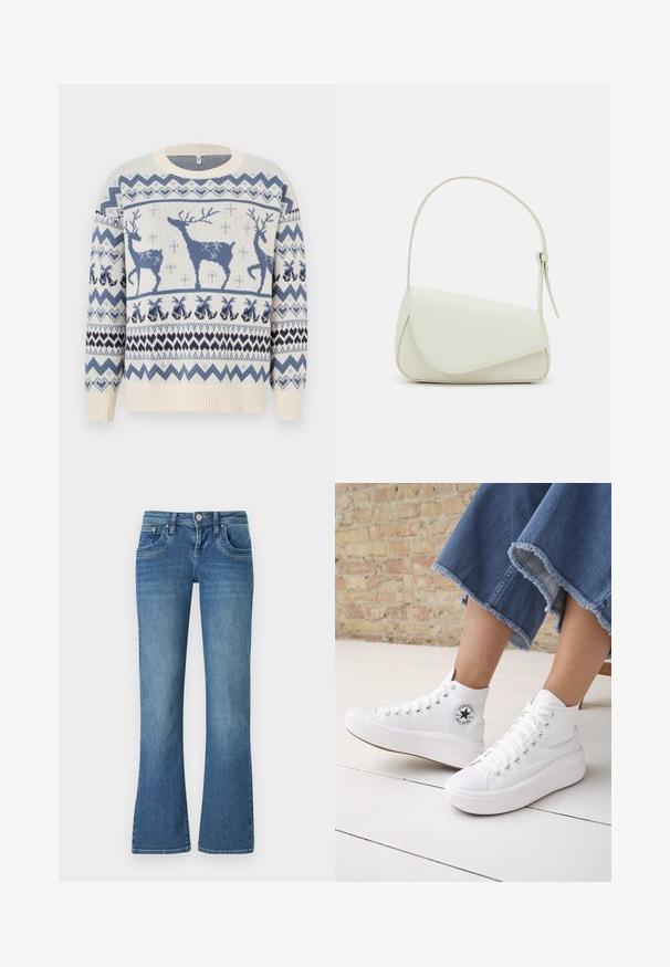 Pull en tricot avec un fond crème orné de rennes bleus et de motifs géométriques. Poignets et ourlet côtelés. Texture douce.; Jeans flares bleu clair en denim, dotés de cinq poches, de coutures contrastées et d'une fermeture à bouton à la taille.; Personne portant des baskets Converse blanches montantes avec des semelles épaisses et un jean bleu court à ourlet effiloché, contre un mur en briques et un sol blanc.; Sac à main en cuir synthétique blanc avec une forme triangulaire structurée, une bandoulière unique réglable et un rabat à courbes accentuées.