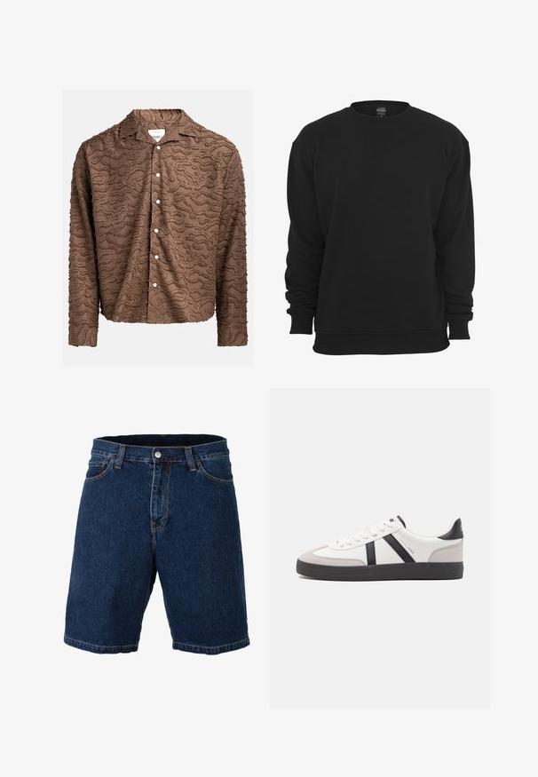 Sort crewneck-sweatshirt med lange ærmer, lavet af bomuldsblanding. Har ribstrikkede manchetter og kant, blød tekstur og løs pasform.; Brun knap-oppet skjorte med strikket svulmønster, letvægtigt stof, lange ærmer og hvide knapper foran til lukning.; Mørkeblå denimshorts med lige snit, almindelig talje og metalknaplukning; har kontrasterende gul syning og kant.; Hvide sneakers med sorte og grå detaljer, med en tekstureret grå tåhætte, sort gummisål og flade hvide snørebånd. Rent design, minimalistisk stil.