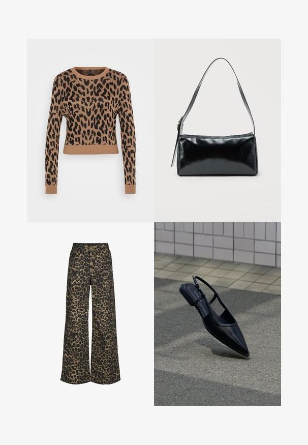Suéter de punto de manga larga con estampado de leopardo en marrón y negro, con un dobladillo corto y puños acanalados. Textura suave con un corte relajado.; Pantalones de pierna ancha con un estampado integral de leopardo marrón y negro y cierre frontal con botones y cremallera.; Zapato plano negro de punta puntiaguda con tiras traseras flotando sobre una superficie de asfalto junto a una acera con baldosas.; Bolso de hombro rectangular negro con una correa ajustable y un cierre de cremallera superior sobre un fondo liso.