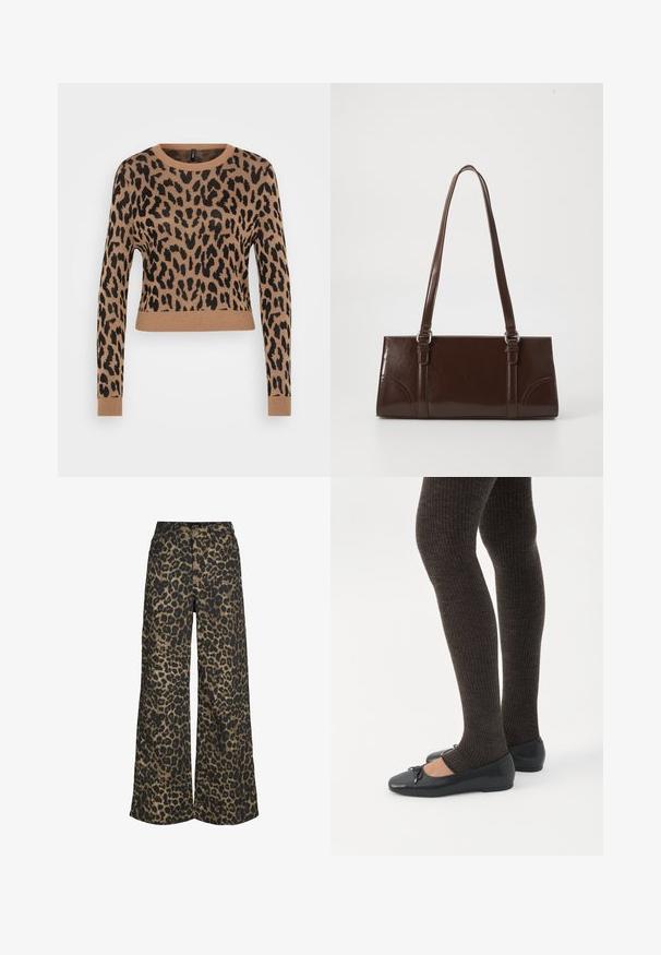 Suéter de punto de manga larga con estampado de leopardo en marrón y negro, con un dobladillo corto y puños acanalados. Textura suave con un corte relajado.; Pantalones de pierna ancha con un estampado integral de leopardo marrón y negro y cierre frontal con botones y cremallera.; Piernas con leggings oscuros acanalados combinados con bailarinas negras que presentan pequeños detalles de lazo sobre un fondo blanco.; Bolso de mano de piel sintética marrón con forma rectangular, dos asas largas y sutiles acentos curvados en la parte delantera.