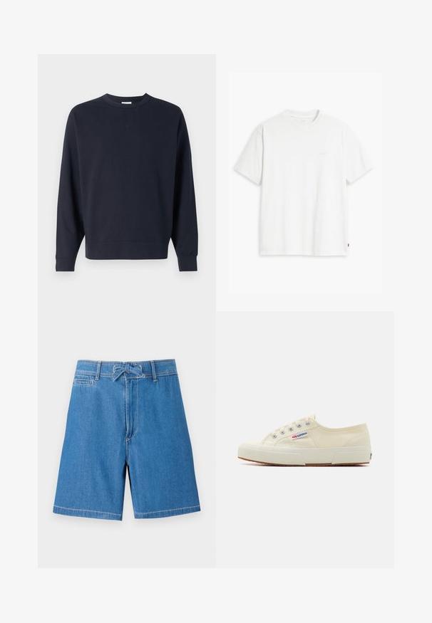 Sweatshirt bleu marine en coton, avec un col rond, des manches longues, des poignets côtelés et un design simple sans graphiques visibles.; T-shirt en coton blanc à manches courtes, col rond, avec un logo "Levi's" discret imprimé en couleur claire sur le devant.; Shorts en denim bleu clair avec une taille élastique à cordon de serrage, poches avant et coutures contrastées. Design classique, coupe au genou.; Baskets en toile beige au design épuré, œillets en métal et semelle en caoutchouc. Présente un motif texturé et un détail de logo sur le côté.