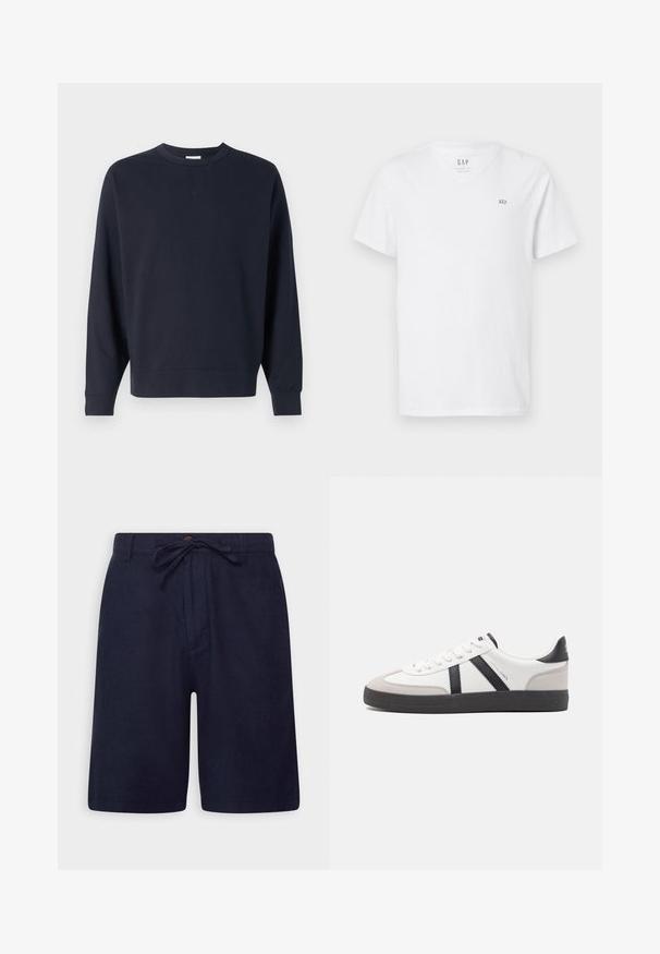 Sudadera azul marino hecha de algodón, con cuello redondo, mangas largas, puños de canalé y un diseño sencillo sin gráficos visibles.; Camiseta de algodón blanca con cuello en V, mangas cortas y un pequeño logo bordado en la parte superior izquierda del pecho. Textura suave.; Pantalones cortos azul marino hechos de una tela ligera, con cintura ajustable, cierre de botón y bolsillos laterales. Textura suave y corte entallado.; Zapatilla blanca con acentos en negro y gris, que presenta una puntera texturizada en gris, suela de goma negra y cordones planos blancos. Diseño limpio, estilo minimalista.