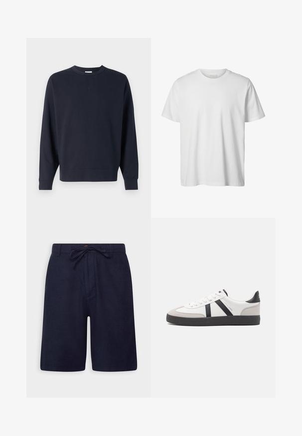 Sudadera azul marino hecha de algodón, con cuello redondo, mangas largas, puños de canalé y un diseño sencillo sin gráficos visibles.; Camiseta blanca lisa de manga corta con cuello redondo, corte holgado y sin logos o diseños visibles en el frente.; Pantalones cortos azul marino hechos de una tela ligera, con cintura ajustable, cierre de botón y bolsillos laterales. Textura suave y corte entallado.; Zapatilla blanca con acentos en negro y gris, que presenta una puntera texturizada en gris, suela de goma negra y cordones planos blancos. Diseño limpio, estilo minimalista.