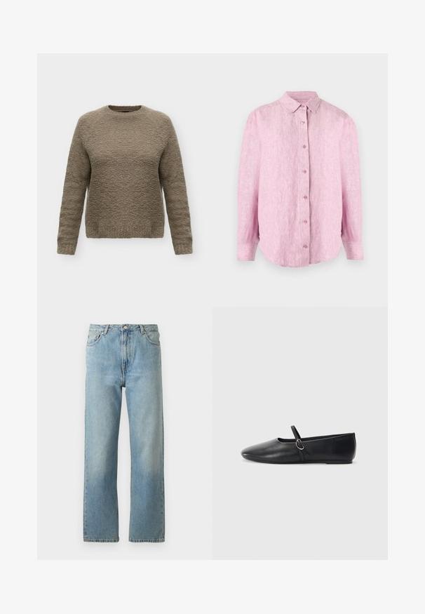 Langärmeliger Pullover mit Rundhalsausschnitt aus strukturiertem Taupe-Stoff mit leicht lockerem Sitz, dargestellt auf weißem Hintergrund.; Rosa Leinenhemd mit durchgehender Knopfleiste, Kragen und langen Ärmeln mit abgerundetem Saum. Der Stoff hat eine strukturierte, leicht zerknitterte Optik.; Hellblaue Denim-Jeans mit geradem Bein, ausgestattet mit einem Fünf-Taschen-Stil und einem Knopfverschluss am Bund.; Schwarze Leder-Ballettschuhe mit spitzem Schuhzeug, flacher Sohle und einem kleinen Riemen mit silberner Schnalle.