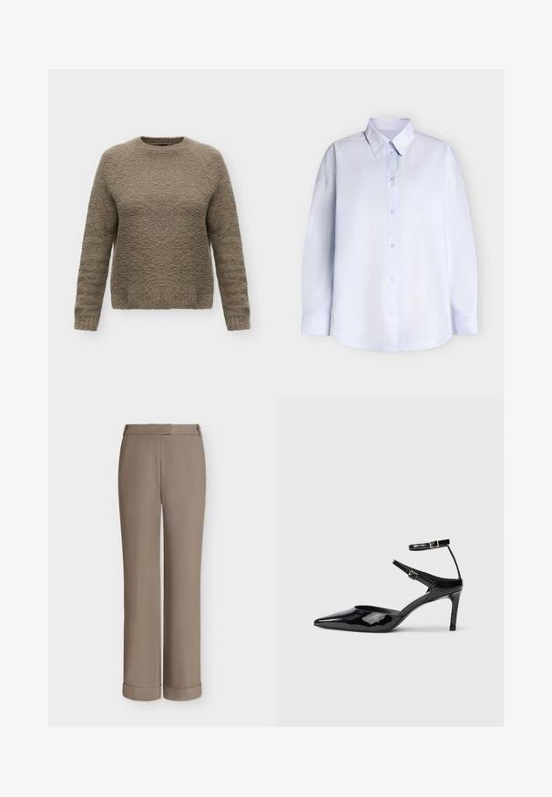 Pull à manches longues à col rond en tissu taupe texturé avec une coupe légèrement ample, présenté sur un fond blanc uni.; Chemise blanche à manches longues, boutonnée sur le devant avec col et poignets visibles, présentée sur un fond clair uni.; Pantalon habillé taupe à jambe droite avec passants pour ceinture, pli sur le devant et larges revers à l'ourlet, présenté sur fond blanc uni.; Talons en cuir verni noir avec un bout pointu, des sangles de cheville ajustables et un talon fin. Texture lisse avec une finition brillante.