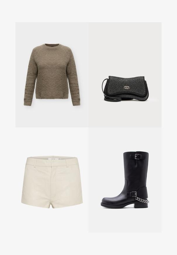 Trui met lange mouwen en ronde hals in getextureerde taupekleurige stof met een licht losse pasvorm, weergegeven op een effen witte achtergrond.; Beige leren shorts met een gladde textuur, voorzien van een aansluitende taille, riemlussen en subtiele stiksels aan de voorkant. Eenvoudig, hedendaags ontwerp.; Zwarte leren laars tot halverwege de kuit met twee zilveren gespen en een zilveren kettinkdetail rond de hiel op een lage blokzool.; Zwarte schoudertas van gestructureerd materiaal, met een gerimpeld ontwerp, zilveren hardware details en een verstelbare riem.