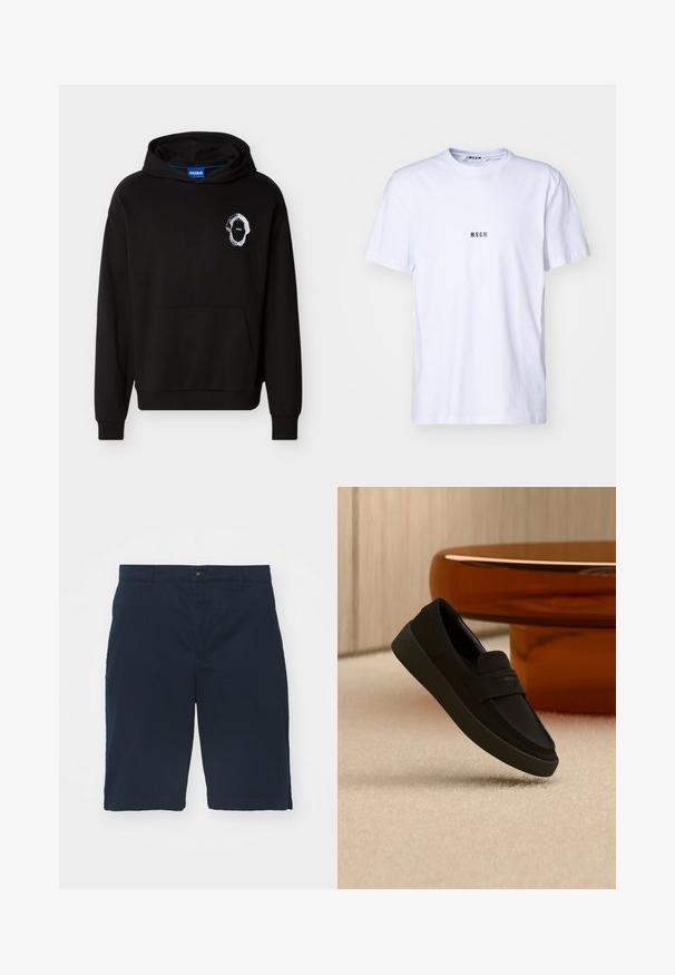 Sweat à capuche noir avec une poche frontale, des poignets et un ourlet côtelés. Présente un motif graphique blanc sur le côté gauche. Texture de tissu doux.; T-shirt blanche en coton avec un col rond, des manches courtes et un petit logo noir "MSGM" imprimé sur le devant. Texture lisse.; Shorts bleu marine en coton avec une taille plate, une fermeture à bouton et des poches latérales. Longueur genou avec une texture lisse et des coutures nettes.; Mocassin noir à enfiler avec une semelle épaisse suspendu au-dessus d'un tapis beige, avec une table ronde moderne marron en arrière-plan.