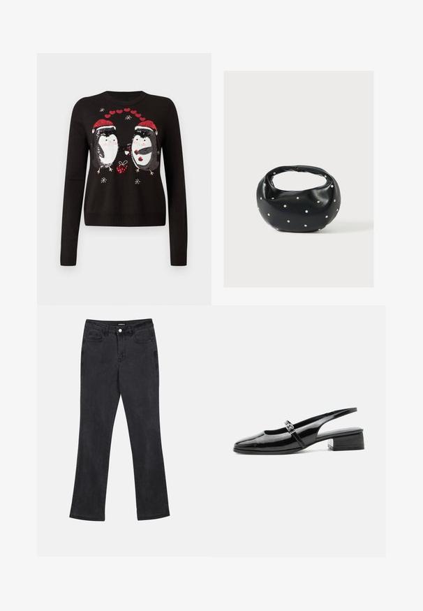 Sort sweater med to pailletterede pingviner iført julesokker, som udveksler en gave, omgivet af røde hjerter og snemænd.; Sorte lige ben jeans med front- og baglommer, bæltestropper og knaplukning i taljen.; Sort laklæderslingback-sko med lav blokhæl og tynd rem med sølvspænde over toppen.; Sort læderhåndtaske med en rundet form, dekoreret med sølvnitter, og et kort håndtag. Glat tekstur og lynlåslukning.