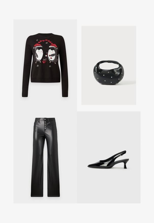 Pull noir avec deux pingouins pailletés portant des chapeaux de Noël s'échangeant un cadeau, entourés de cœurs rouges et de flocons de neige.; ONLY ONLSMOOTH - Pantalon classique - black; Escarpins en cuir verni noir avec un bout pointu et un petit talon carré. Sangle réglable à la cheville avec boucle.; Sac à main en cuir noir de forme arrondie, décoré de clous argentés et équipé d'une poignée courte. Texture lisse et fermeture éclair.