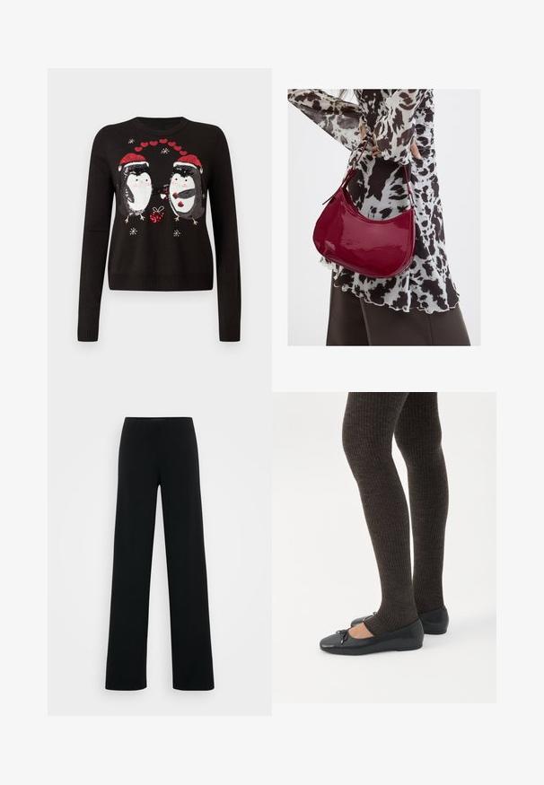 Suéter negro con dos pingüinos de lentejuelas que llevan gorros de Santa intercambiando un regalo, rodeados de corazones rojos y copos de nieve.; Vero Moda Tall VMBERLIN ZAMIRA WIDE - Pantalones - black; Piernas con leggings oscuros acanalados combinados con bailarinas negras que presentan pequeños detalles de lazo sobre un fondo blanco.; Mujer con blusa de estampado en blanco y negro sosteniendo un bolso de hombro rojo brillante sobre un fondo liso.