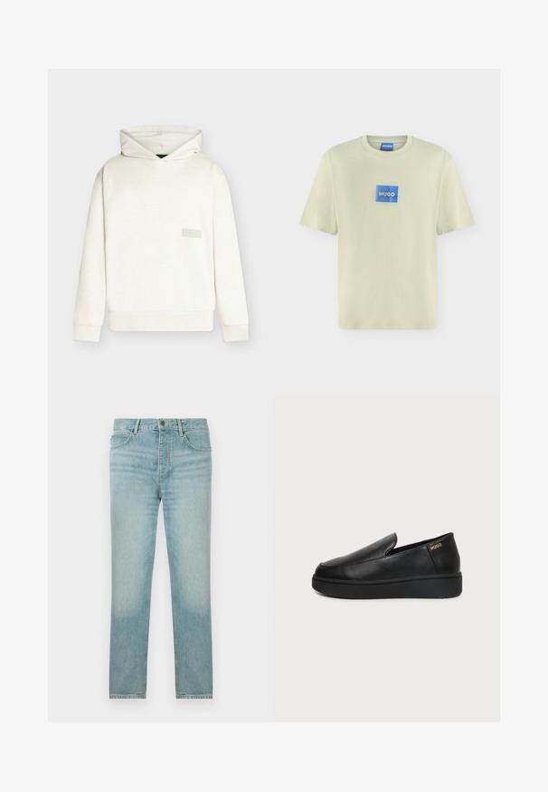 Off-white hættetrøje med lange ærmer og ribkant ved manchetterne, med en lille rektangulær logopatch foran til højre.; Lyse beige T-shirt med korte ærmer og rund hals samt et blåt firkantet logo-patch med teksten "HUGO" på brystet.; Lyseblå denim jeans med lige ben, der har en falmet vask, fem-lomme design og frontknaplukning.; Sort læder slip-on sko med tyk sål og små sideventilationshuller, med gulddetalje "HUGO" logo nær hælen.