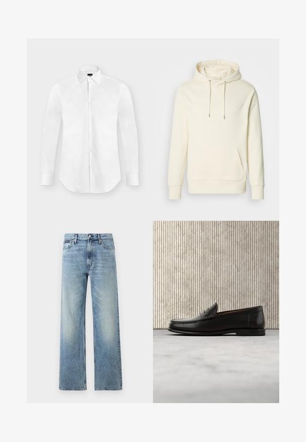 Sudadera color crema con bolsillo frontal, capucha con cordones y logo en relieve en el pecho. Tejido suave con puños y dobladillo acanalados.; Camisa blanca de vestir de manga larga con botones y cuello puntiagudo, colocada perfectamente plana sobre un fondo gris claro.; Vaqueros de mezclilla azul claro de corte recto con cintura alta, cinco bolsillos, cierre de botón y sutil desgaste en los muslos y las rodillas.; Mocasín penny de cuero negro con tacón bajo, punta redondeada y detalles cosidos en la parte delantera y los laterales, mostrado sobre un fondo neutro.