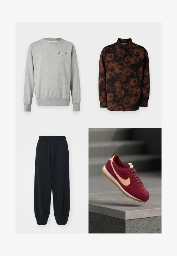 Lysegrå crewneck-sweatshirt med lange ærmer og lille rød og hvid Nike-logo på venstre bryst.; Samsøe Samsøe SALUAN - Skjorter - aster cappuccino; Sorte svedbukser med elastisk talje, løs pasform, afsluttede ankler, glat tekstur og uden synlige mønstre eller hardware-detaljer.; Vinrød ruskindsneaker med lyseorange Swoosh, teksturerede snørebånd og hvid sål; designet til letvægtskomfort og retroæstetik.