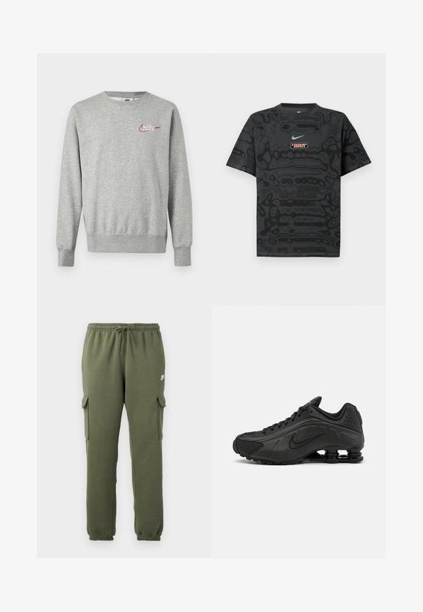 Svetlosivá mikina s okrúhlym výstrihom, dlhými rukávmi a malým červeno-bielym logom Nike na ľavej strane hrudníka.; Čierne tričko s textúrovaným vzorom, s malým logom Nike v svetlomodrej farbe a obdĺžnikovou nášivkou s logom v kontrastných farbách.; Olivové cargo nohavice s elastickým pásom, šnúrkovým zapínaním, bočnými vreckami a značkovým logom na stehne. Hladká zmes bavlny.; Čierne bežecké topánky s hladkým syntetickým zvrškom, perforovanými akcentmi, textúrovanými bočnými panelmi a výraznou pružnou podrážkou.