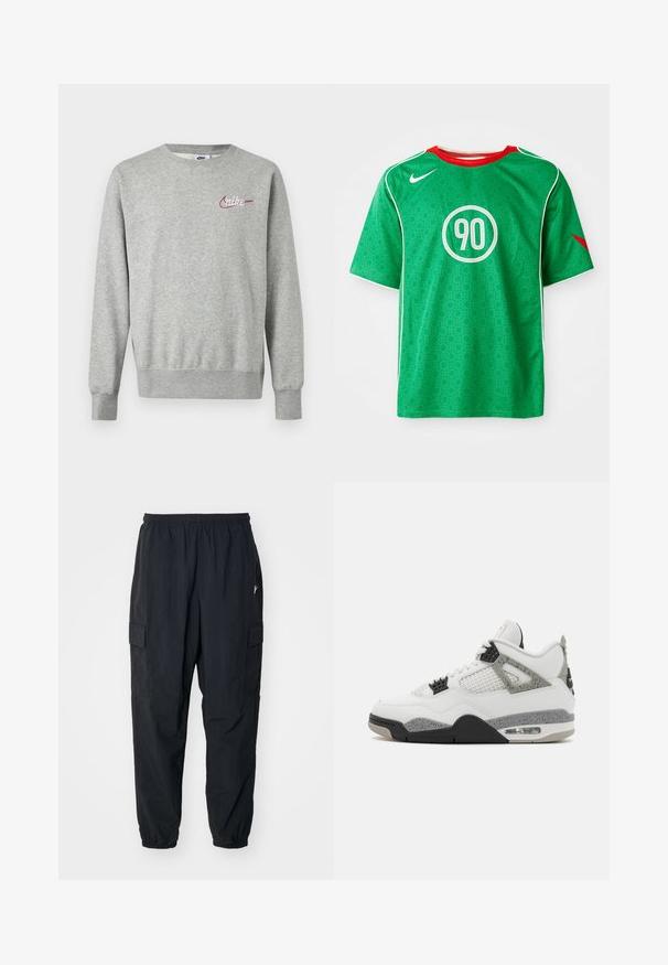 Bluză gri deschis cu guler rotund, mâneci lungi și un mic logo Nike roșu și alb pe pieptul stâng.; Cămașă sport verde Nike cu mâneci scurte, accente albe, model cu buline și un logo circular alb "90" în centru. Guler roșu.; Pantaloni cargo negri din material ușor, cu un brâu elastic, buzunare laterale și o croială lejeră cu manșete elastice.; Adidași albi cu accente negre și gri. Prezintă panouri din plasă, o intermediară cu pete și o guleră căptușită. Vârf rotund cu șireturi.