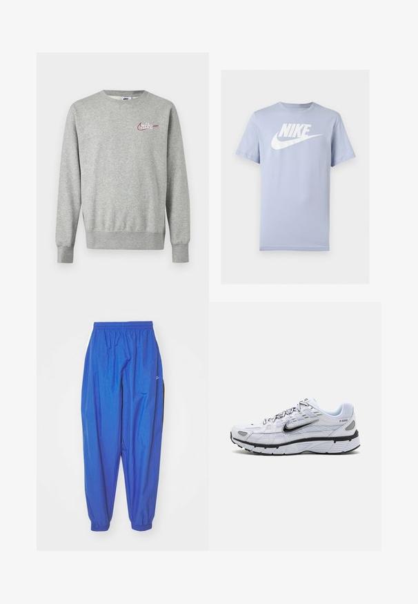 Helehall halli pikkade varrukatega pusa ümar kaelusega, vasakul rinnal väike punane ja valge Nike logo.; Helehall sinise lühikeste varrukatega puuvillane T-särk, millel on valge Nike logo ja hambaline kujutis rinnal, esitletud lihtsal taustal.; Sinised spordipüksid, mis on valmistatud kergest kangast, elastse vöökoha, kinnitatud ääride ja valgete külgribadega.; Valge jooksutoss, millel on võrkmaterjalist pealis, ümar varvas, mustad aksessuaarid ja mustriline tall. Omab paeltega kinnitamist ja brändingut külgedel.
