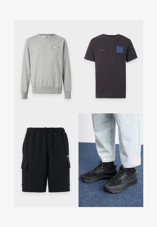Helehall halli pikkade varrukatega pusa ümar kaelusega, vasakul rinnal väike punane ja valge Nike logo.; Must lühikeste varrukatega ümara kaelusega T-särk, millel on rinnal sinine "NIKE" tekst gooti kirjas ning vasakul küljel väiksem tekst "NIKE AIR INCORPORATED 1972".; Mustad puuvillast cargo-teksapüksid, millel on elastne vöökoht ja nöör, kaks küljetaskut ning väike logoaksent.; Mustad mustad jooksukingad, millel on tekstureeritud kangas ja kummist tallad, elastsed nöörid ning sinine aksent kandadel. Kandmine heledate teksadega.
