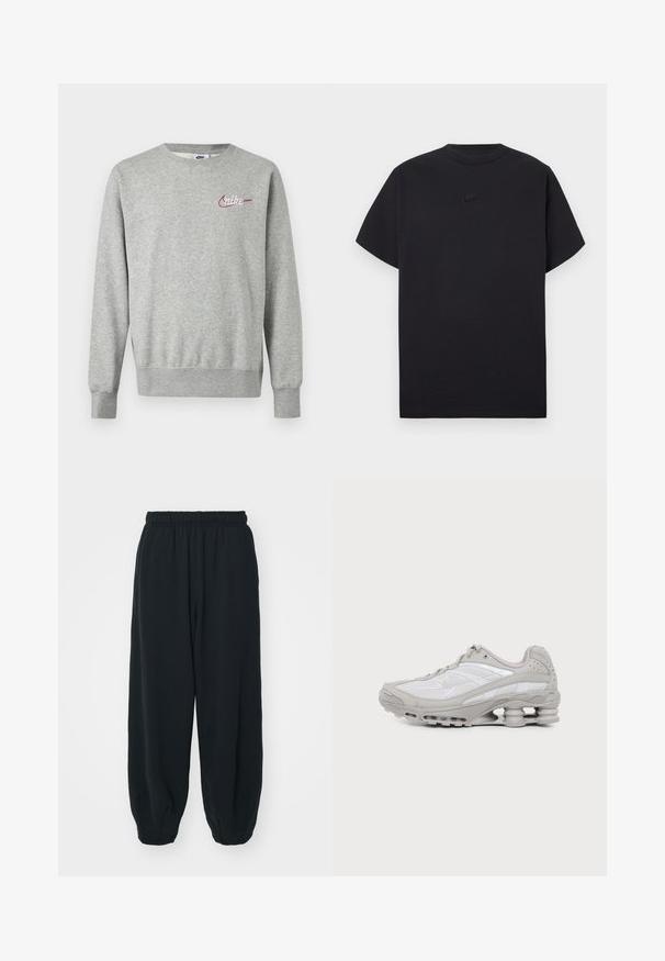 Svetlosivá mikina s okrúhlym výstrihom, dlhými rukávmi a malým červeno-bielym logom Nike na ľavej strane hrudníka.; Čierne krátke tričko Nike s okrúhlym výstrihom a malým čiernym logom Nike uprostred na hrudi.; Čierne tepláky s elastickým pásom, vo voľnom strihu, s manžetami na členkoch, hladkej textúry a bez viditeľných vzorov alebo kovových doplnkov.; Šedá a biela športová teniska s viditeľnou podrážkou s vzduchovou vložkou a sieťovinovými panelmi, zobrazená v profile na jednoduchom svetlom pozadí.