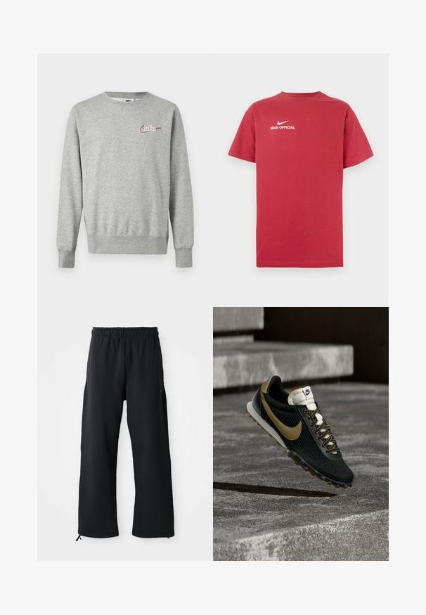 Lysegrå crewneck-sweatshirt med lange ærmer og lille rød og hvid Nike-logo på venstre bryst.; Rød bomulds t-shirt med rund hals, der har en hvid Nike-logo og teksten "NIKE OFFICIAL" centreret på brystet. Korte ærmer.; Sorte bukser med brede ben lavet af blødt stof, med elastisk talje og snøre, sidelommer og en glat overflade.; Sort og guld Nike løbesko med tekstureret overdel og mønstret snøre, der svæver over ru betongulv og trin.