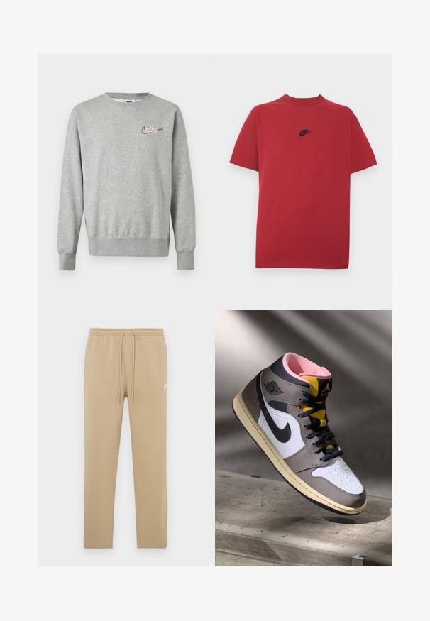 Svetlosivá mikina s okrúhlym výstrihom, dlhými rukávmi a malým červeno-bielym logom Nike na ľavej strane hrudníka.; Červené bavlnené tričko s čiernym logom Nike na hrudi, krátkymi rukávmi, okrúhlym výstrihom a pravidelným strihom. Hladká textúra.; Béžové tepláky s elastickým pásom a sťahovacími šnúrkami, s malým bielym logom Nike na hornej ľavej stehne.; Biele, šedé a čierne vysoké tenisky Nike Air Jordan s ružovým interiérom a žltým jazykom, umiestnené na betónovom povrchu.