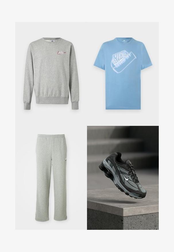 Lysegrå crewneck-sweatshirt med lange ærmer og lille rød og hvid Nike-logo på venstre bryst.; Lyseblå kortærmet Nike T-shirt med stor stiliseret hvid Nike-logo og swoosh-grafik på brystet.; Grå sweatpants lavet af blødt bomuldsblandingsstof, med elastisk talje, lige ben-design og et lille logo på venstre side.; Grå og sort atletiksko med meshpaneler og tyk sål, placeret i luften over en betonliste med trapper i baggrunden.