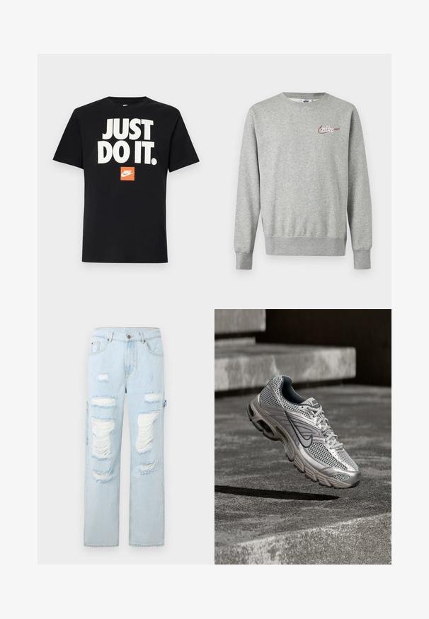 Helehall halli pikkade varrukatega pusa ümar kaelusega, vasakul rinnal väike punane ja valge Nike logo.; Must musta T-särk lühikeste varrukatega. Efektiivne suur valge tekst "JUST DO IT." väikese oranži Nike logo kohal. Tavaline ringkaeluse disain.; Heledad sinine teksapükste, millel on mitu suurt kulumist ja lõhki kanti, esiküljel reitel ja põlvedel. Sirge sääre lõige.; Hõbedane ja hall Nike jooksujalats hõljuvas õhus betoonastmete kohal, näidates võrkkestast pealmist osa ja pehmendusega tallafunktsioone.