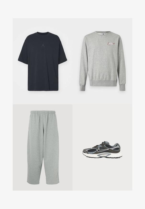 Sweat-shirt gris clair à col rond avec manches longues et petit logo Nike rouge et blanc sur le côté gauche de la poitrine.; T-shirt en coton noir avec une coupe ample, col rond, manches courtes, comportant un logo discret et le texte "AIR" au-dessus du logo au centre.; Pantalon de survêtement gris clair avec une ceinture élastique, une coupe fuselée des jambes et une texture douce. Aucun logo ou motif visible.; Chaussure de sport grise et noire avec semelle blanche et logo Nike Swoosh blanc sur un fond uni clair.
