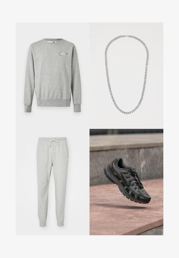Helehall halli pikkade varrukatega pusa ümar kaelusega, vasakul rinnal väike punane ja valge Nike logo.; Hallid hallid dressipüksid, mis on valmistatud pehmest materjalist, millel on elastne vöökoht, paelakk ja ribakäised. Küljel on väike logo.; Hall ja musta Nike toss roosade aktsentidega, õhus kivipinna kohal, näidates külg- ja pealiskuju detaile.; DARKAI TENNIS LONG UNISEX - Kaelakee - silver-coloured