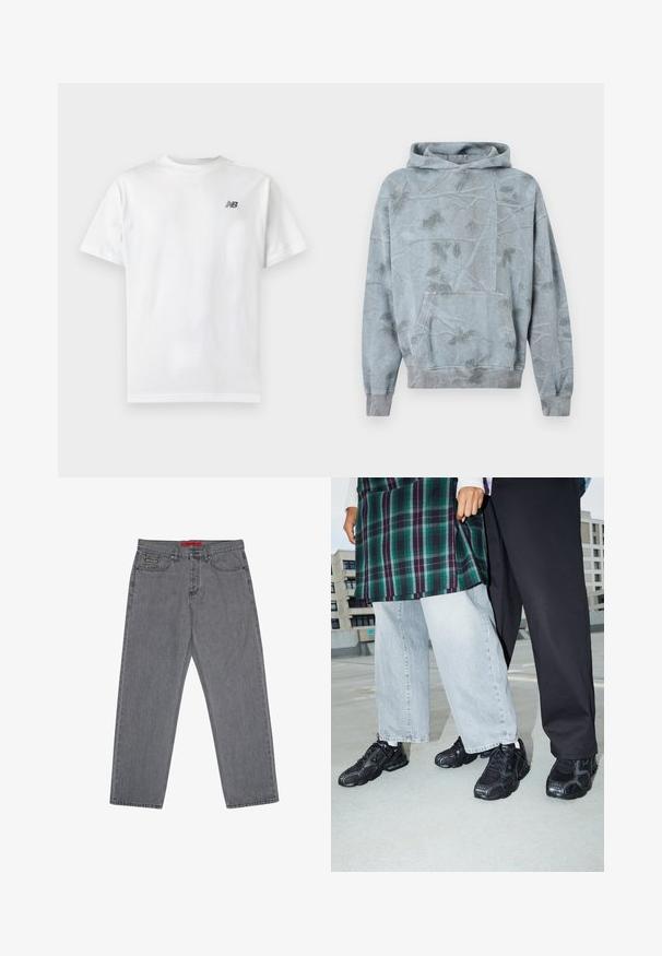 Lichtblauwe hooded sweatshirt met een bosmotief. Voorzien van een buidelzak en geribbelde manchetten. Zachte textuur en een ontspannen pasvorm.; Witte T-shirt met korte mouwen en ronde hals met een klein zwart New Balance-logo op de linker bovenkant van de borst op een effen lichte achtergrond.; Grijze denim jeans met een rechte pijpvorm, met een rood label op de tailleband en subtiele stiksel details. Klassiek ontwerp met vijf zakken.; Zwarte sportieve schoenen met mesh- en rubberaccenten. Draagt een lichtgrijze wijde spijkerbroek en een groen geruit shirt. Effen achtergrond.