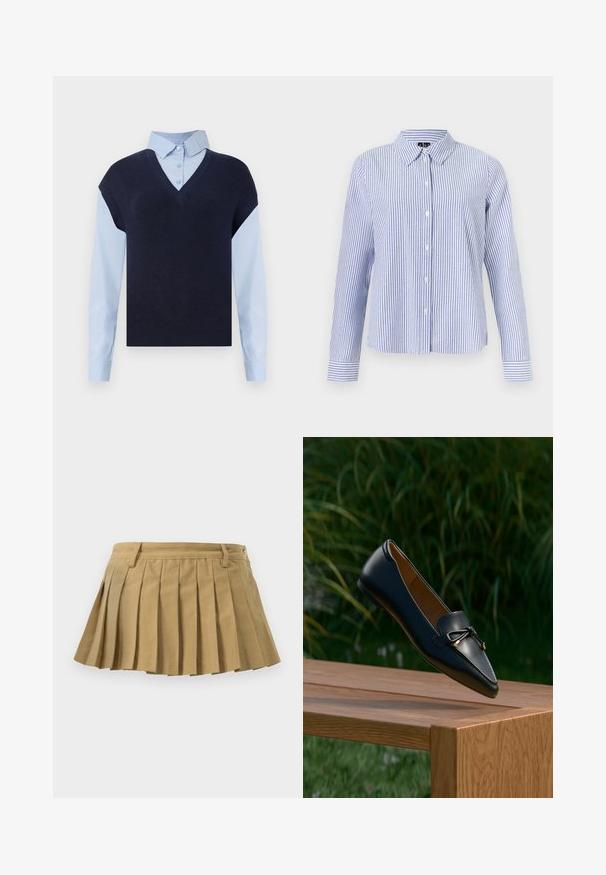 Chaleco de punto azul marino con escote en V sobre una camisa de botones azul claro. Presenta mangas cortas y una textura suave, con materiales en contraste.; Camisa de manga larga con botones, con rayas verticales blancas y azul claro y cuello puntiagudo, mostrada sobre un fondo liso.; Falda plisada de tejido beige, con una cinturilla ajustada, múltiples pliegues y un dobladillo recto. Sin cierres ni detalles visibles.; Mocasín de cuero negro con un detalle de lazo flotando sobre un banco de madera, con hierba verde y plantas en el fondo.