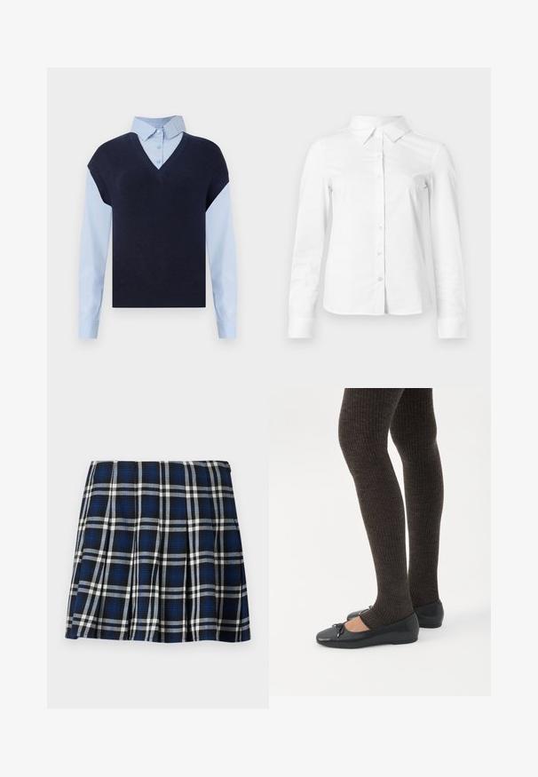 Chaleco de punto azul marino con escote en V sobre una camisa de botones azul claro. Presenta mangas cortas y una textura suave, con materiales en contraste.; Camisa blanca de manga larga con botones, cuello puntiagudo, bajo recto y silueta ajustada, presentada sobre un fondo claro y liso.; Falda corta de cuadros en colores azul marino, negro y blanco. Con pliegues y una textura suave. Cierre de cremallera en el lateral.; Piernas con leggings oscuros acanalados combinados con bailarinas negras que presentan pequeños detalles de lazo sobre un fondo blanco.