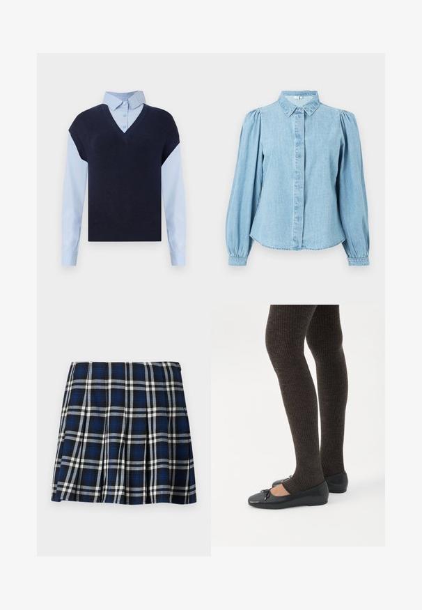 Chaleco de punto azul marino con escote en V sobre una camisa de botones azul claro. Presenta mangas cortas y una textura suave, con materiales en contraste.; Camisa de mezclilla azul claro con cuello puntiagudo, botones en la parte delantera y mangas largas abullonadas. Textura lisa con dobladillo redondeado.; Falda corta de cuadros en colores azul marino, negro y blanco. Con pliegues y una textura suave. Cierre de cremallera en el lateral.; Piernas con leggings oscuros acanalados combinados con bailarinas negras que presentan pequeños detalles de lazo sobre un fondo blanco.