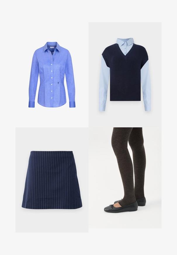 Marine blauwe gebreide vest met een V-hals over een lichtblauw overhemd met knopen. Heeft korte mouwen en een gladde textuur, contrasterende materialen.; Lichtblauw overhemd met lange mouwen, knoopsluiting, spitse kraag en een kleine zwarte geborduurde roos aan de onderkant van de rechtervoorzijde.; Marinablauwe rok met dunne witte verticale streepjes en een rechte, boven de knie gesneden pasvorm, weergegeven tegen een effen witte achtergrond.; Benen met donkere geribbelde leggings gecombineerd met zwarte ballerina's met kleine strikdetails op een witte achtergrond.