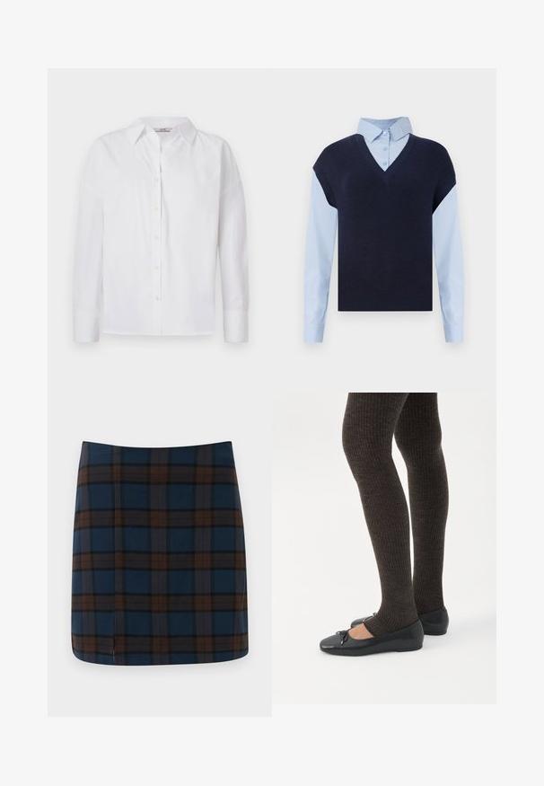 Gilet en tricot bleu marine à col en V sur une chemise boutonnée bleu clair. Il présente des manches courtes et une texture lisse, avec des matières contrastantes.; Chemise blanche à boutons faite en coton, avec des manches longues, un col classique et des détails de couture subtils.; Jupe mini en tartan bleu marine avec des lignes marron et grises, fabriquée dans un tissu lisse, avec une fente discrète au dos pour plus de liberté de mouvement.; Jambes portant des leggings côtelés foncés associés à des ballerines noires avec de petits détails en nœud sur fond blanc.