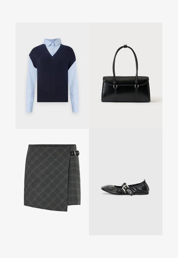 Chaleco de punto azul marino con escote en V sobre una camisa de botones azul claro. Presenta mangas cortas y una textura suave, con materiales en contraste.; Falda de lana a cuadros gris oscuro con detalle de hebilla negra en el lado derecho, dobladillo recto y un sutil patrón de líneas diagonales.; Zapato plano de piel negra con puntera afilada, detalle fruncido alrededor de la abertura y un acento de hebilla plateada en la correa ajustable.; Bolso rectangular de cuero negro con cierre de solapa y dos asas largas sobre un fondo blanco liso.