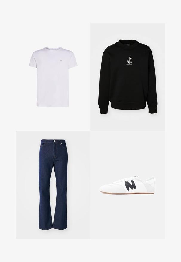 Sorte sweatshirt lavet af blødt stof, med rund hals, ribbede manchetter og et hvidt logo på brystet. Enkel og uprydet design.; Hvid bomulds t-shirt med korte ærmer, rund hals og et lille logo-patch på venstre bryst, med en glat tekstur og et simpelt design.; Flarvede mørkeblå jeans lavet af denim. Har fem lommer, en front lynlås og en metalknaplukning. Klassiske syninger som detaljer.; Hvid lavprofilsneaker med sort "M"-logo på siden og lys brun sål, set fra ydersiden på ensfarvet baggrund.