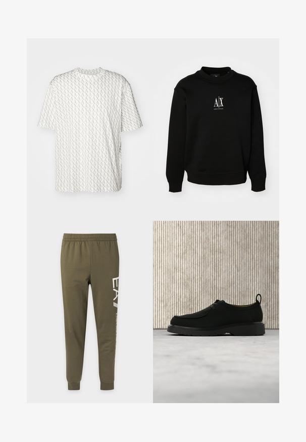 Sorte sweatshirt lavet af blødt stof, med rund hals, ribbede manchetter og et hvidt logo på brystet. Enkel og uprydet design.; Hvid t-shirt med et gentaget gråt "A" mønster, korte ærmer, rund halsudskæring og en afslappet pasform. Fremstillet af blødt stof.; Joggingbukser i olivengrøn med elastisk talje og manchetter, med hvid lodret tekst på højre ben.; Sort lædersko til fritid med snørebånd, tyk sål og træksnor, placeret i luften over beige tæppe med brunt rundt møbel i baggrunden.