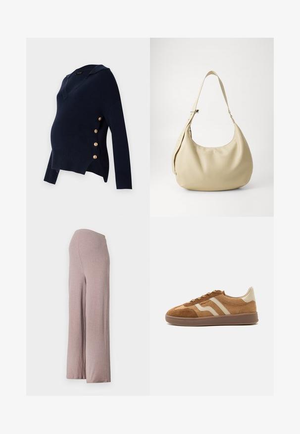 Pull de maternité bleu marine avec col en V, texture côtelée et accents de boutons dorés sur le côté, offrant une coupe décontractée et oversized.; Pantalons larges côtelés rose clair avec une taille sans couture, en tissu doux et texturé, offrant une silhouette décontractée.; Baskets en daim marron et velours côtelé avec des rayures beiges ondulées, des lacets et une semelle en caoutchouc sur fond blanc, vue de côté.; Sac à épaule en cuir beige avec une forme courbée, une bandoulière réglable et un détail de logo embossé, présentant une texture lisse et un design minimaliste.