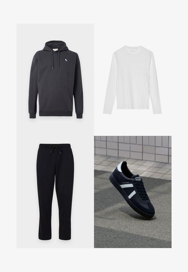 Tumehall kapuutsiga sweatshirt, millel on ees tasku ja väike valge ja sinine linnulogo vasakul rinnal.; Valget pikkade varrukatega t-särk, valmistatud pehmest puuvillast, ümar kaelusega ja sileda tekstuuriga, ilma nähtavate mustrite või aksessuaardeta.; Only & Sons ONSCONNOR STRAIGHT PANTS - Dresside alumine osa - black; Must have musta sneaker musta valgete triipudega, tekstuurne kummitald ja nööridega esiosa. Omab bränditud märki keele peal.